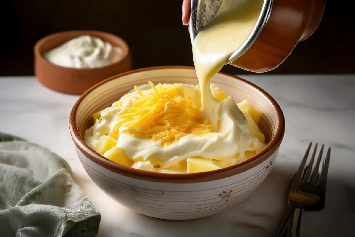 A close-up of a mixing bowl with creamy potato mixture, shredded cheese, sour cream, and melted butter being stirred together.