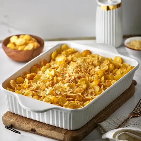 A casserole dish filled with funeral potatoes, topped with crispy buttered corn flakes, ready for baking in a rustic kitchen.