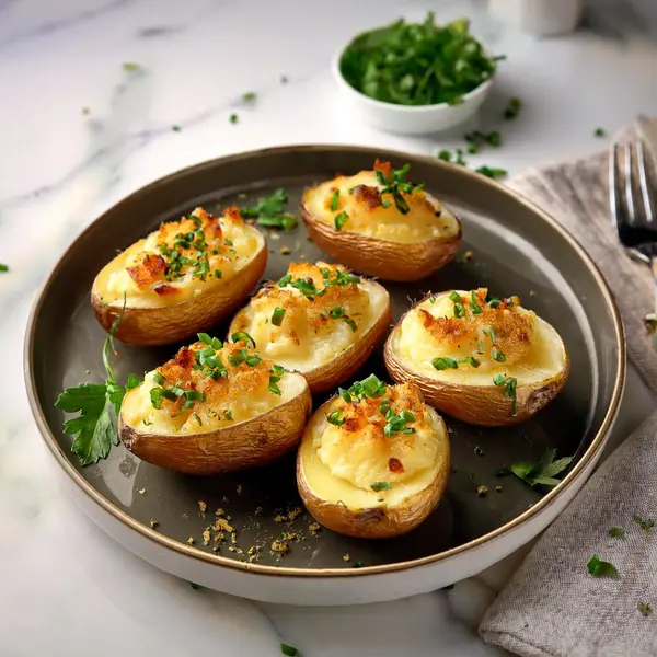 A plate of golden, bubbly funeral potatoes with a crispy topping and creamy interior, garnished with fresh herbs.