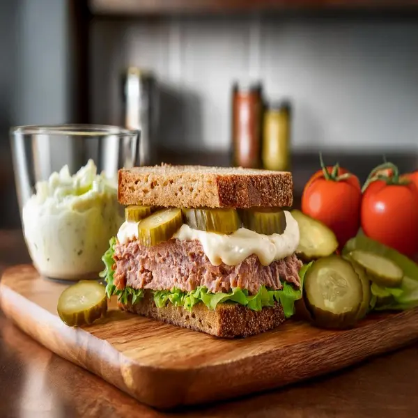 Cold meatloaf sandwich being assembled with fresh toppings.