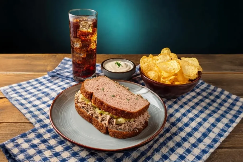 Cold meatloaf sandwich being assembled with fresh toppings.