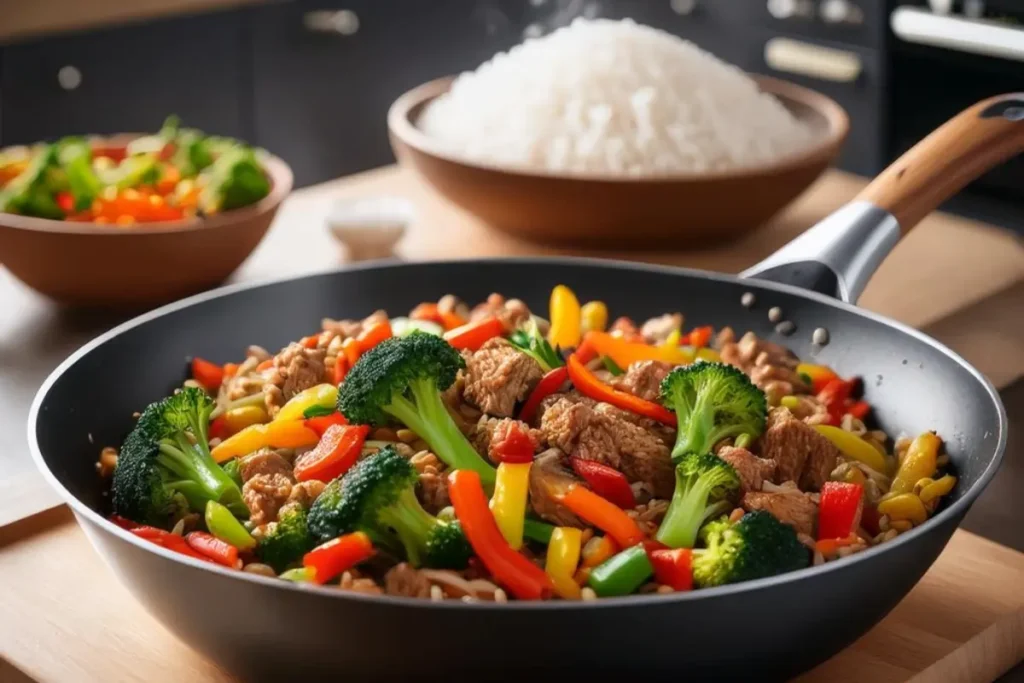 Stir-fry with leftover meatloaf and mixed vegetables.