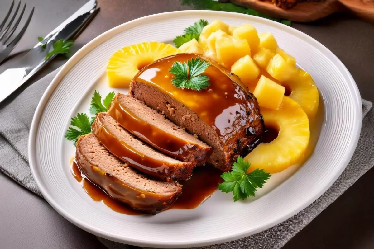 Pineapple and brown sugar glaze on meatloaf slices.