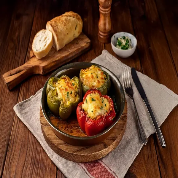 Garlic bread served with stuffed peppers