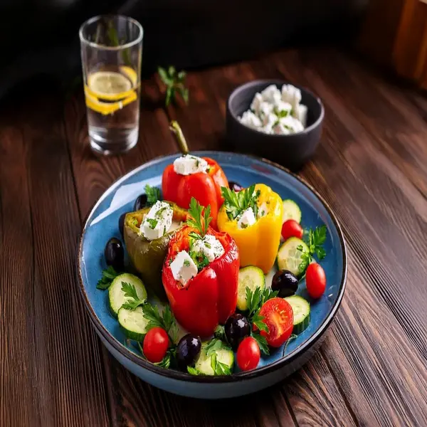 Greek salad paired with stuffed peppers