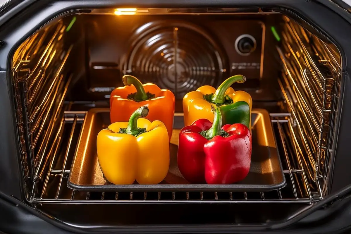 Whole bell peppers roasting in the oven