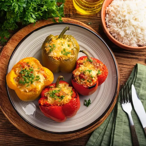 Finished stuffed peppers with a crispy topping