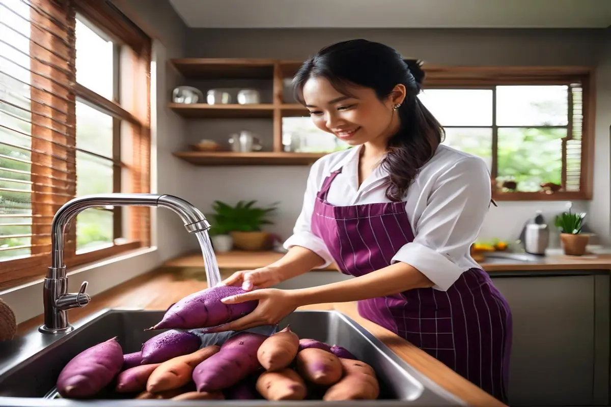 Person cleaning and peeling purple sweet potatoes in the kitchen