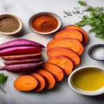 Purple sweet potato ingredients on kitchen counter