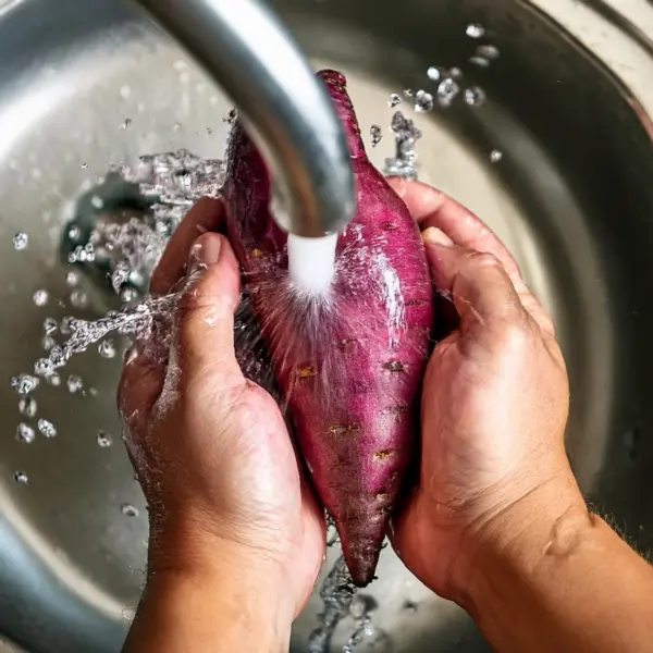 Cleaning fresh purple sweet potatoes under running water
