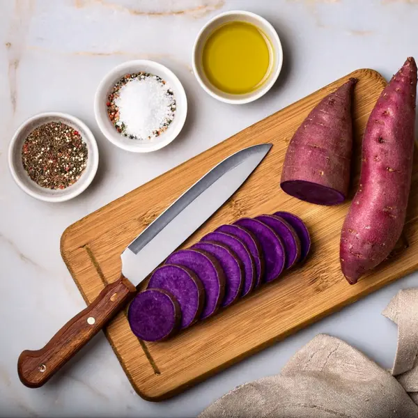 Sliced purple sweet potatoes with seasoning bowls on a cutting board
