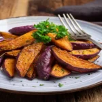 Roasted purple sweet potatoes garnished with fresh parsley