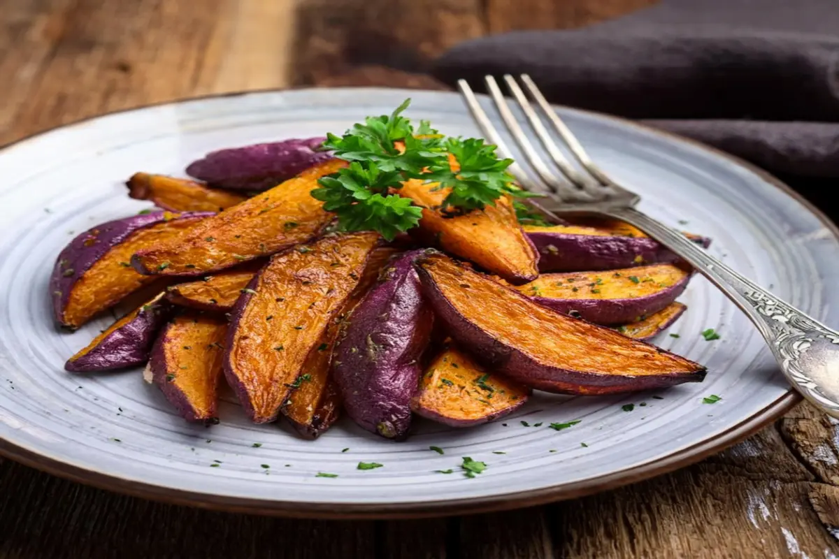 Roasted purple sweet potatoes garnished with fresh parsley