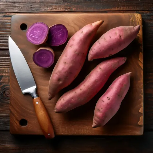 Fresh purple sweet potatoes on a kitchen counter
