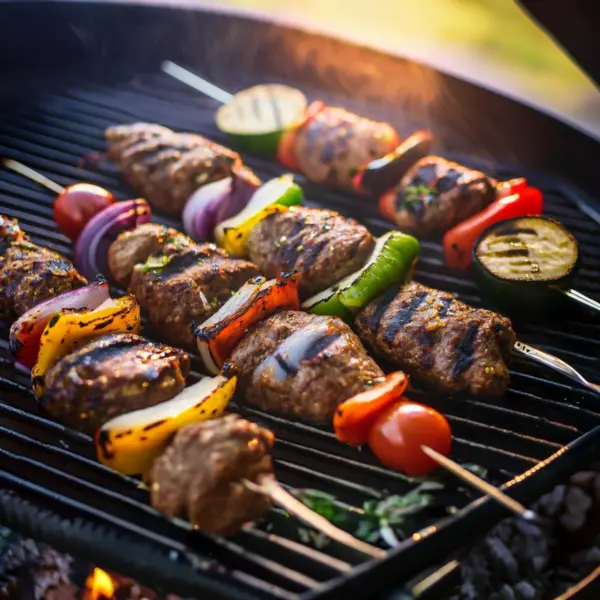 Adana kebabs sizzling on a charcoal grill, with flames and smoke rising.
