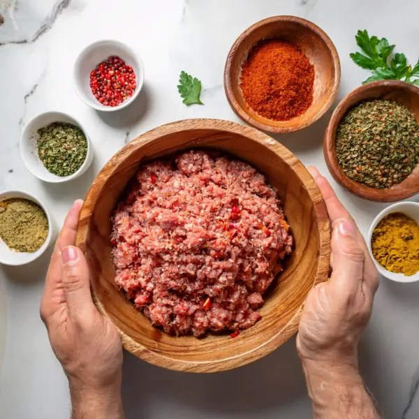 Freshly minced lamb mixed with Turkish spices in a wooden bowl for Adana Kebab.
Title: Spicing Up the Meat for Adana Kebab