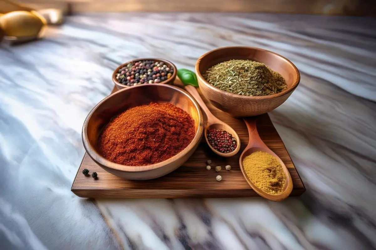 A selection of traditional Turkish spices, including sumac, cumin, paprika, and red pepper flakes, arranged on a wooden board.