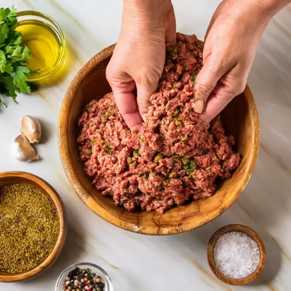 Ground lamb mixed with traditional Turkish spices in a wooden bowl, ready for kebab preparation.