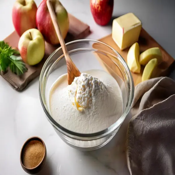 Mixing dry ingredients for apple crumble muffins in a bowl.