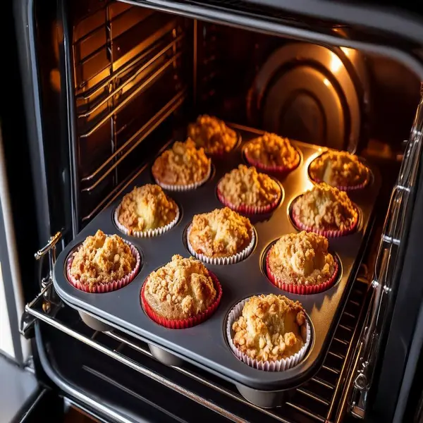 Apple crumble muffins baking in the oven with golden streusel topping.