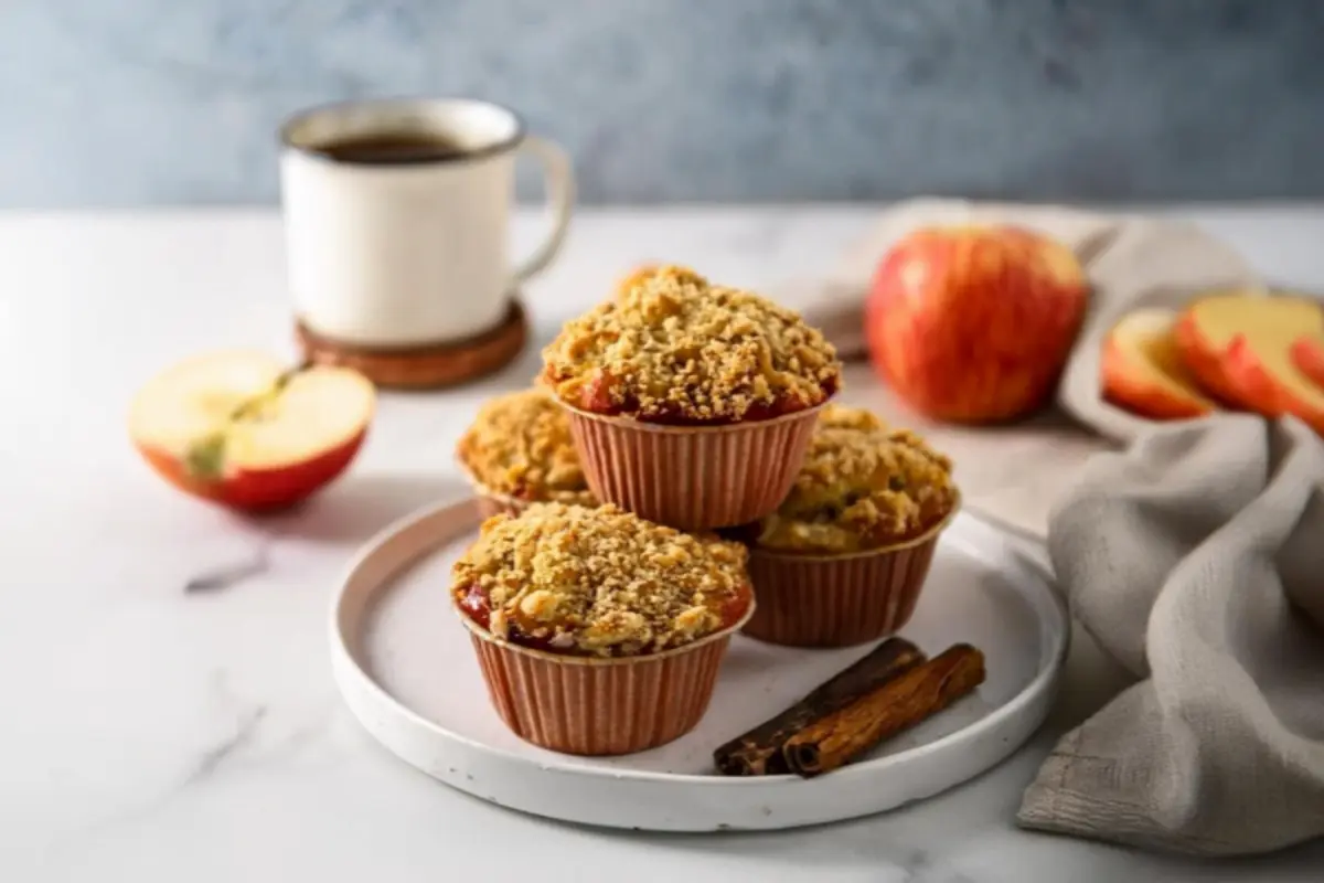 Freshly baked apple crumble muffins with a golden streusel topping.