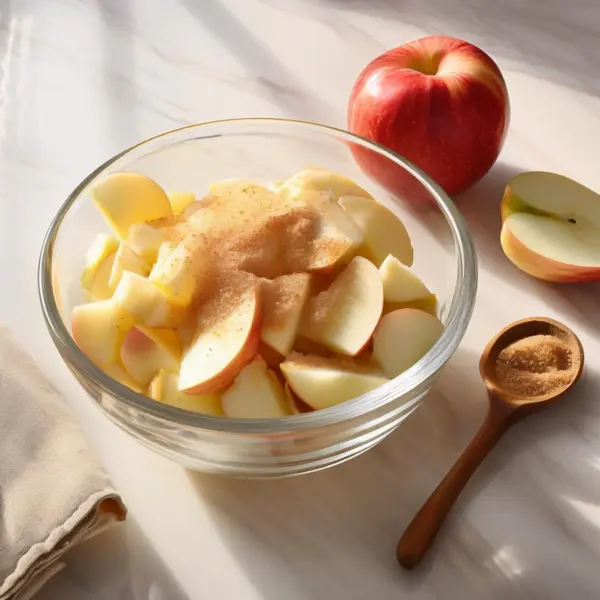 Mixing apple slices with sugar, cinnamon, and lemon juice.