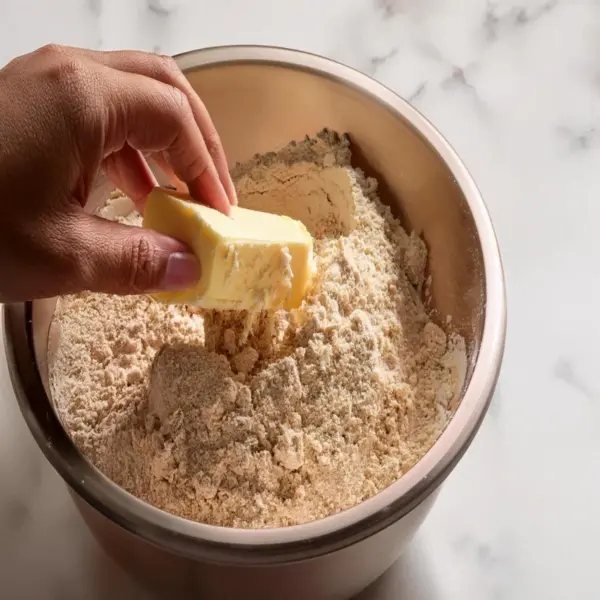 Mixing butter, flour, and sugar to create crumble topping.