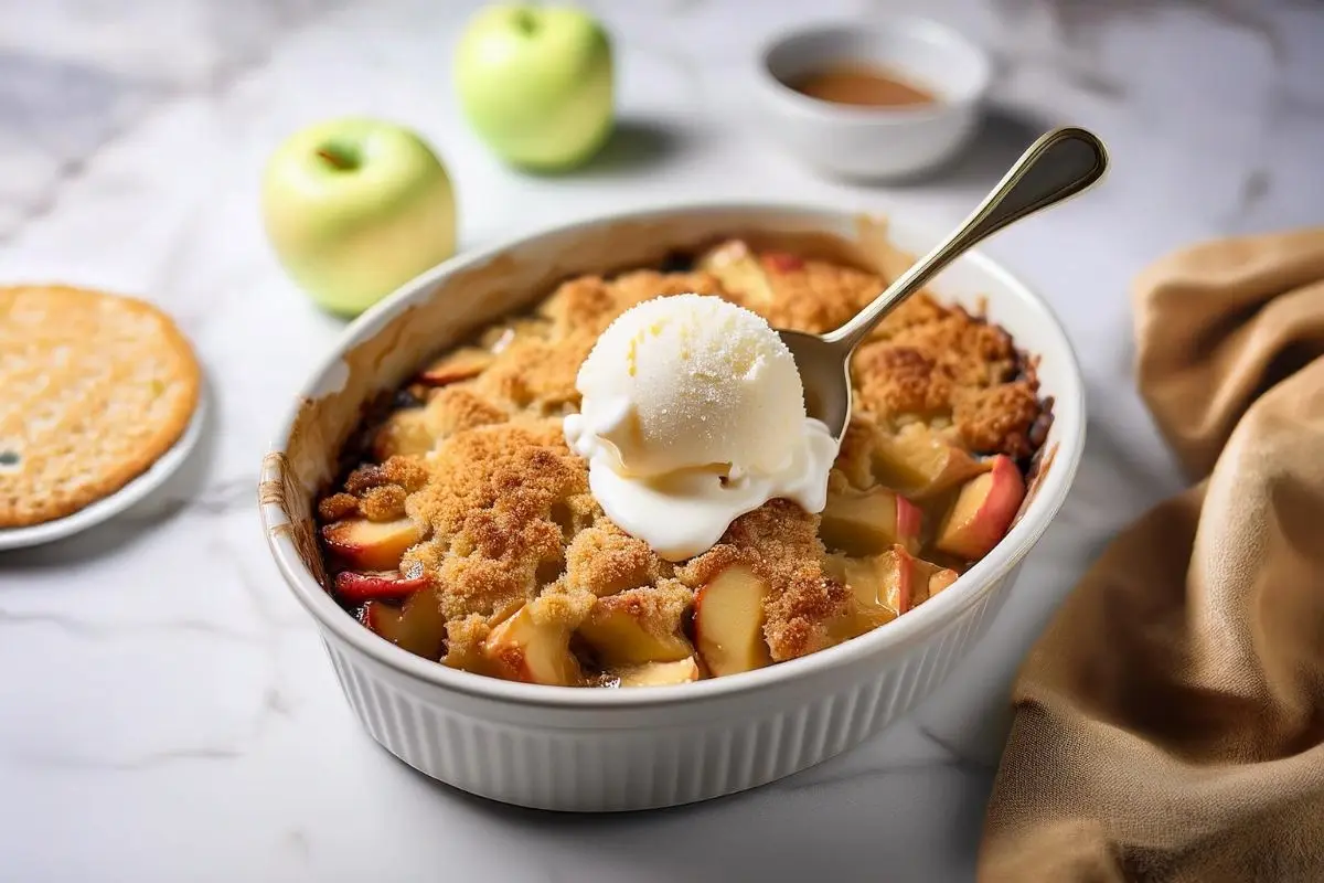 Freshly baked apple crumble with a golden topping.