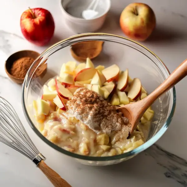 Mixing apple muffin batter with fresh apple chunks.