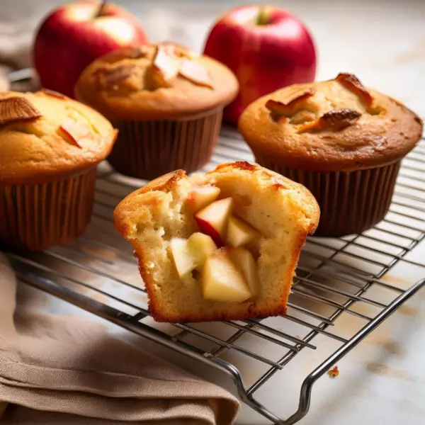 Freshly baked apple muffins cooling on a rack.