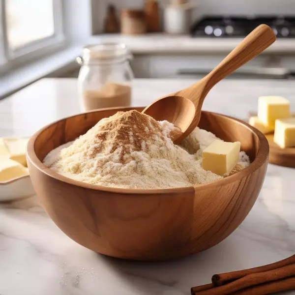 Mixing flour, sugar, and cinnamon for crumble topping.