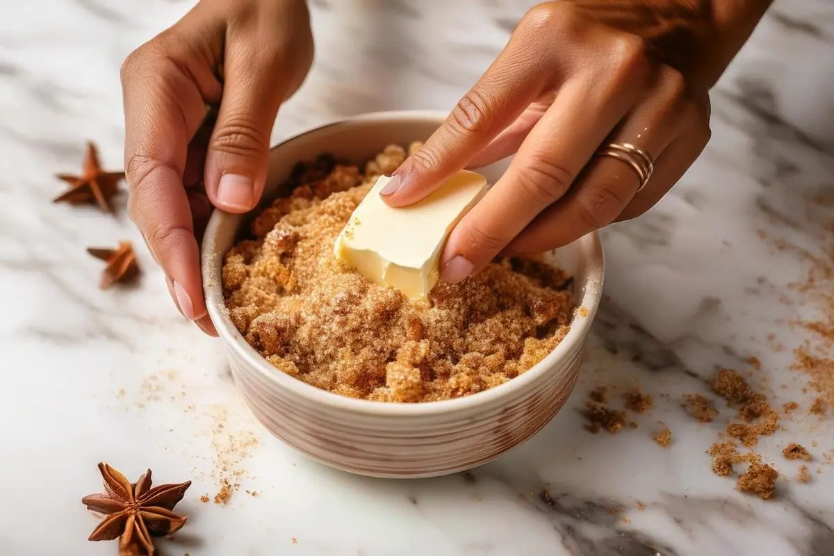 Hands mixing crumble topping until it reaches the perfect texture.