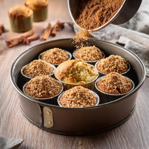 Sprinkling cinnamon crumble topping onto muffin batter.