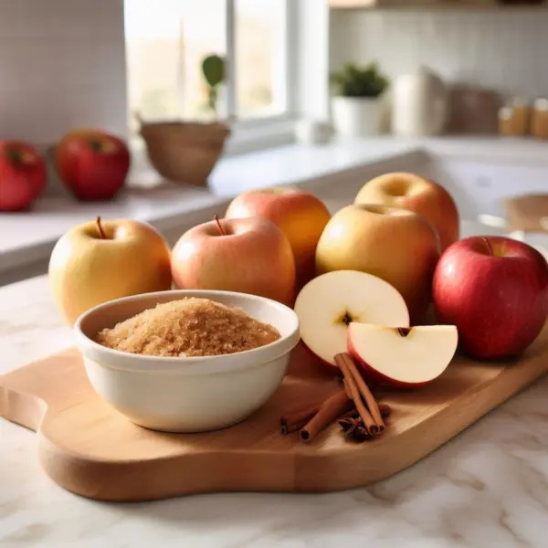 Sliced apples with cinnamon sugar for apple crumble.