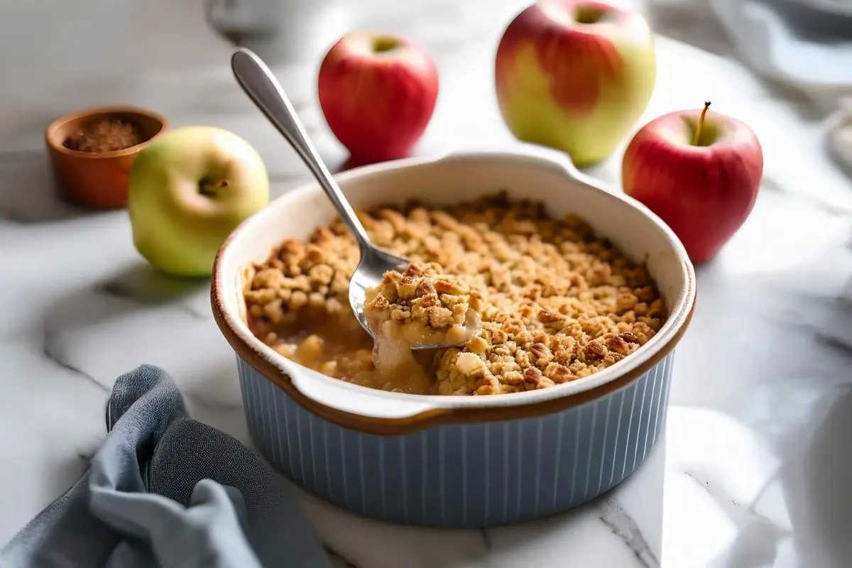 Freshly baked apple crumble with a golden oat topping.