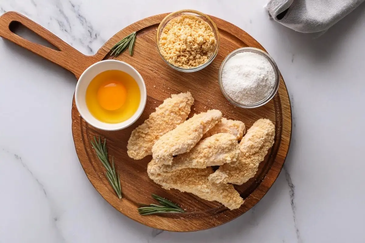 Fresh chicken tenders being prepped for baking with panko coating.