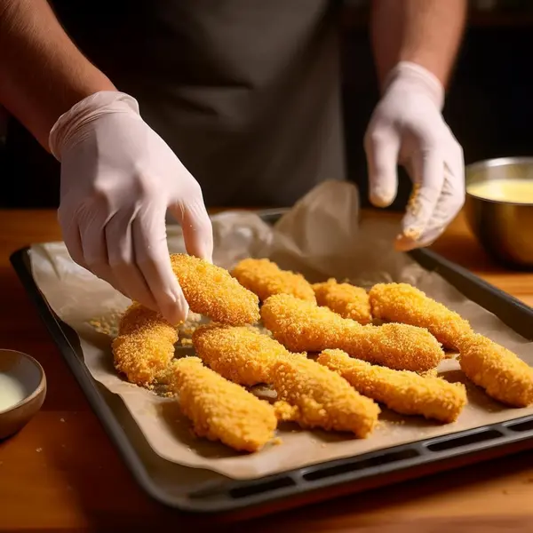 Chicken tenders being dipped in egg wash and coated in panko breadcrumbs.