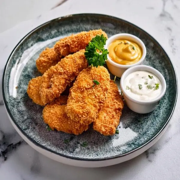 Crispy baked chicken fingers served on a plate with dipping sauces.