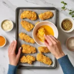 Chicken tenders being dipped in egg wash and coated with panko breadcrumbs.