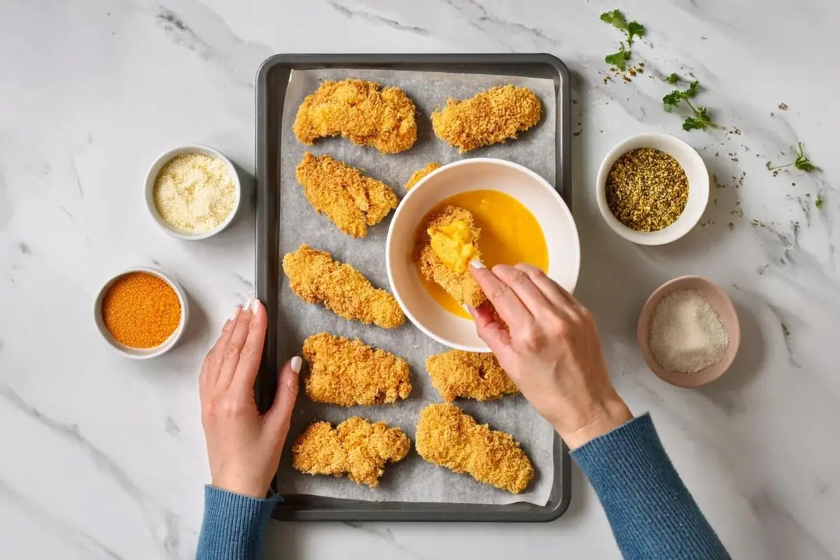 Chicken tenders being dipped in egg wash and coated with panko breadcrumbs.