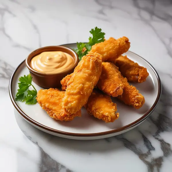  Crispy oven-baked chicken fingers served on a plate with dipping sauces.