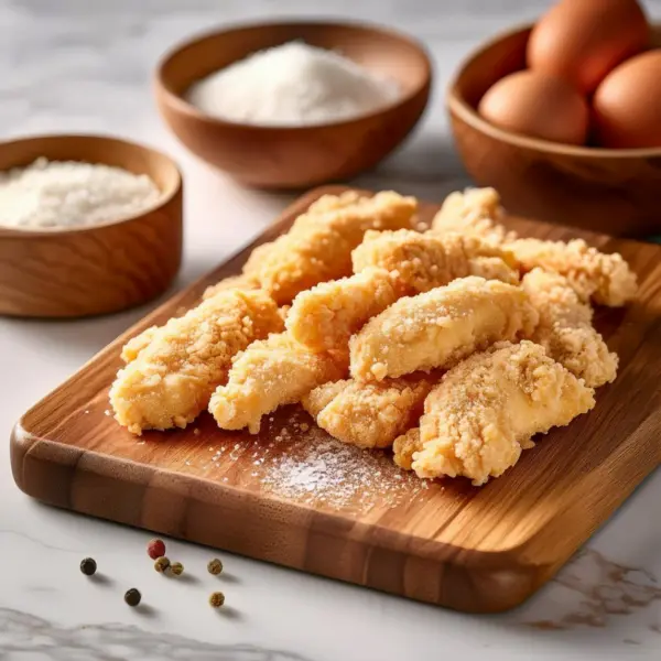  Fresh chicken tenders being prepared for coating.