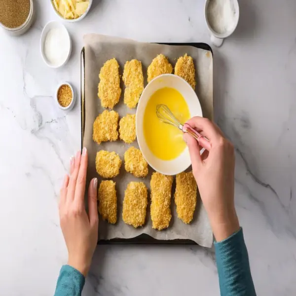 Chicken tenders being dipped in egg wash and coated in breadcrumbs.