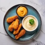 Crispy golden chicken fingers served on a plate with dipping sauces.