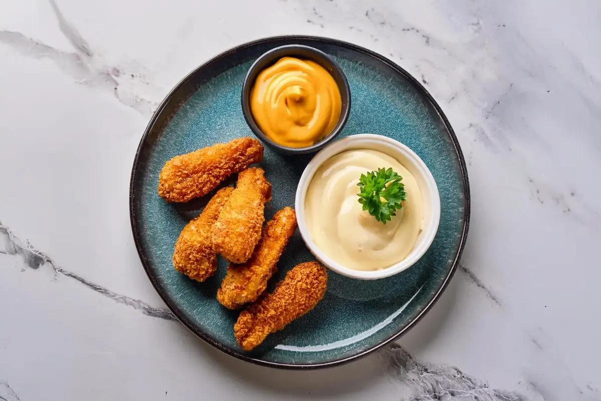 Crispy golden chicken fingers served on a plate with dipping sauces.