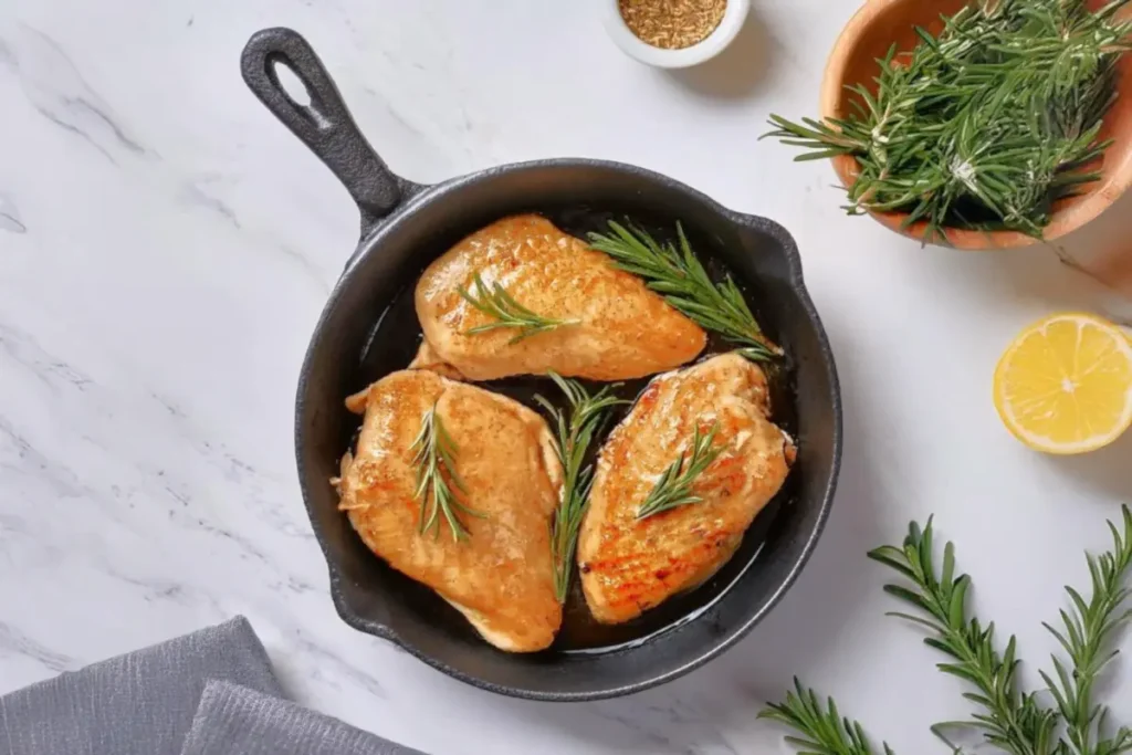 Chicken fillets cooking in a skillet with fresh rosemary.