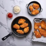 Side-by-side comparison of frying and baking breaded chicken.