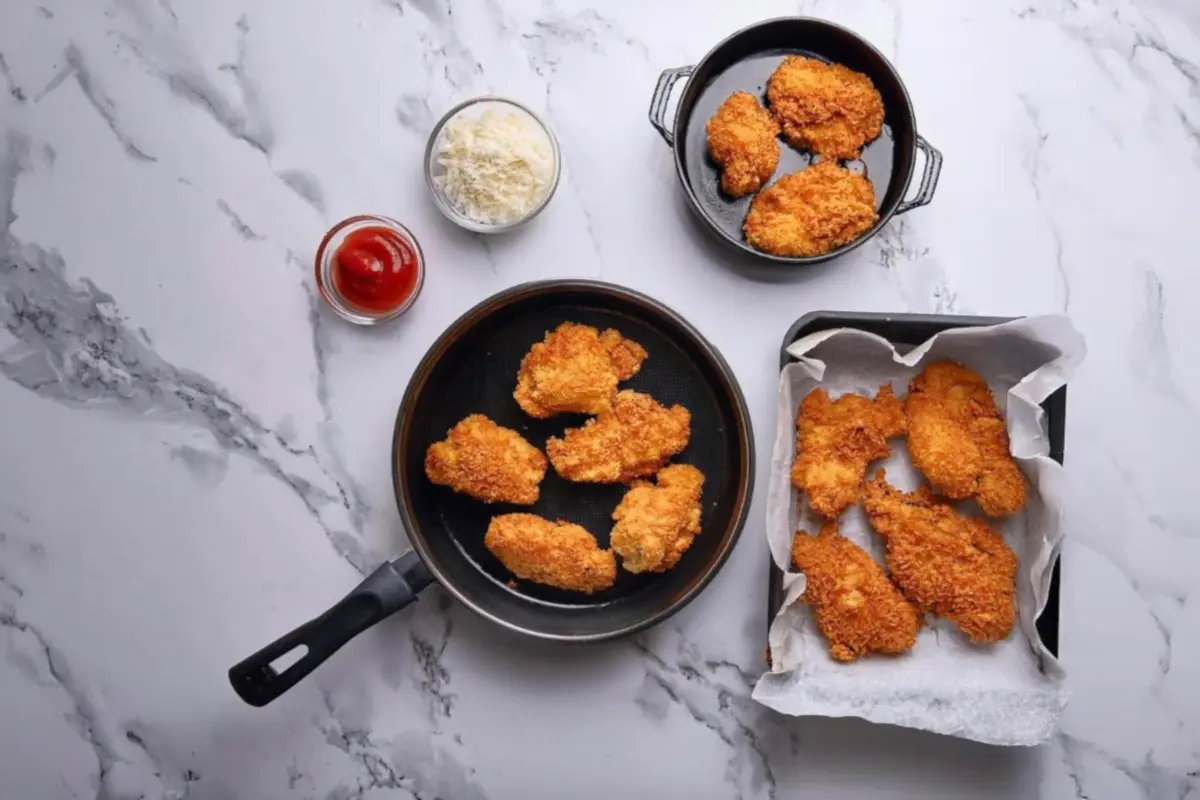 Side-by-side comparison of frying and baking breaded chicken.