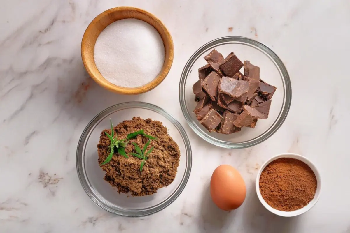 A top-down view of ingredients for hash brownies, including cannabutter, cocoa powder, sugar, eggs, vanilla extract, and chocolate chips.