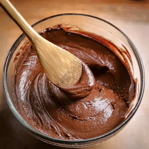 A close-up shot of thick chocolate hash brownie batter being mixed in a glass bowl with a wooden spoon.